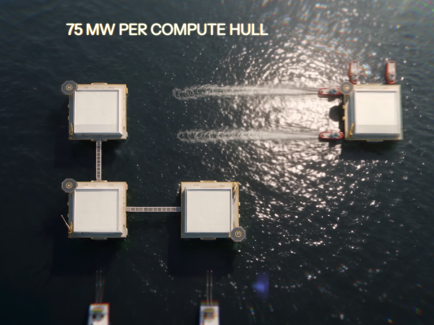 Aerial view of compute hulls at sea, 75 MW per hull